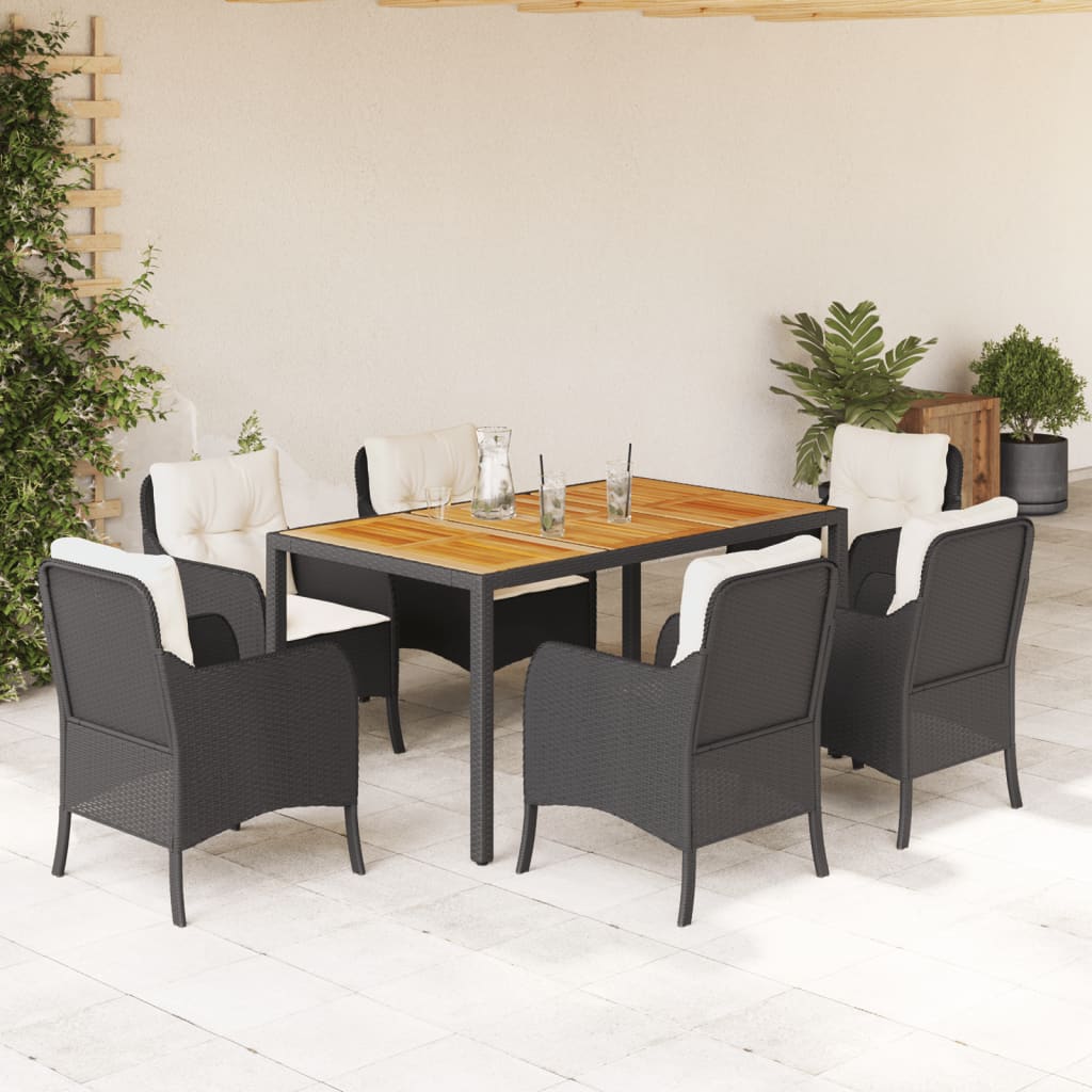 Set da Pranzo da Giardino 7 pz Nero con Cuscini in Polyrattan - homemem39