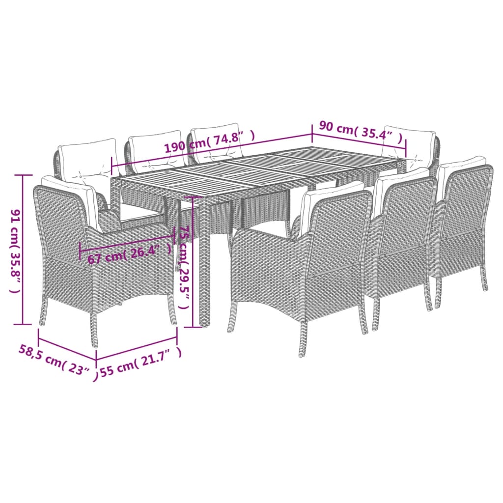 Set da Pranzo da Giardino 9 pz con Cuscini Nero in Polyrattan | homemem39