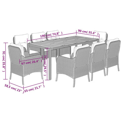 Set da Pranzo da Giardino 9 pz con Cuscini Nero in Polyrattan | homemem39