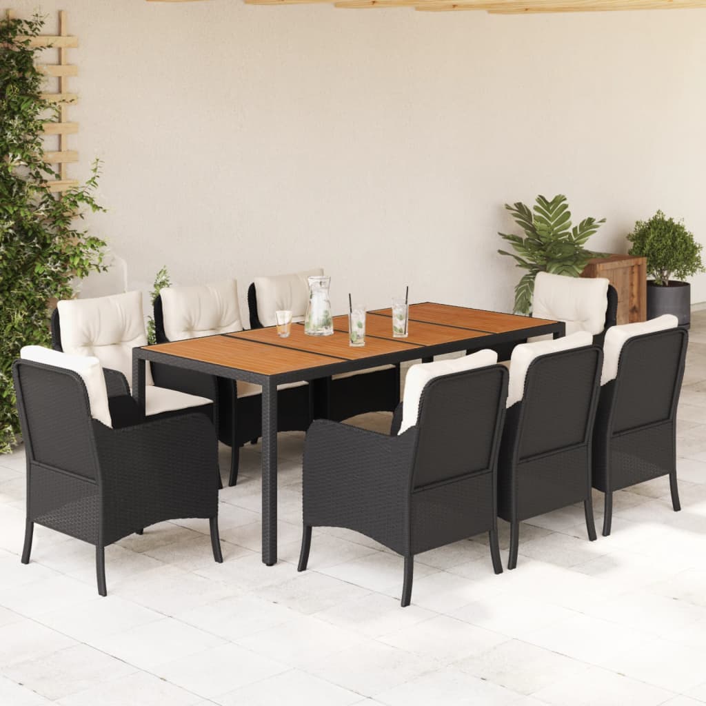 Set da Pranzo da Giardino 9 pz con Cuscini Nero in Polyrattan | homemem39