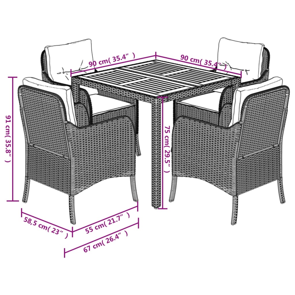 Set da Pranzo da Giardino 5 pz Nero con Cuscini in Polyrattan - homemem39