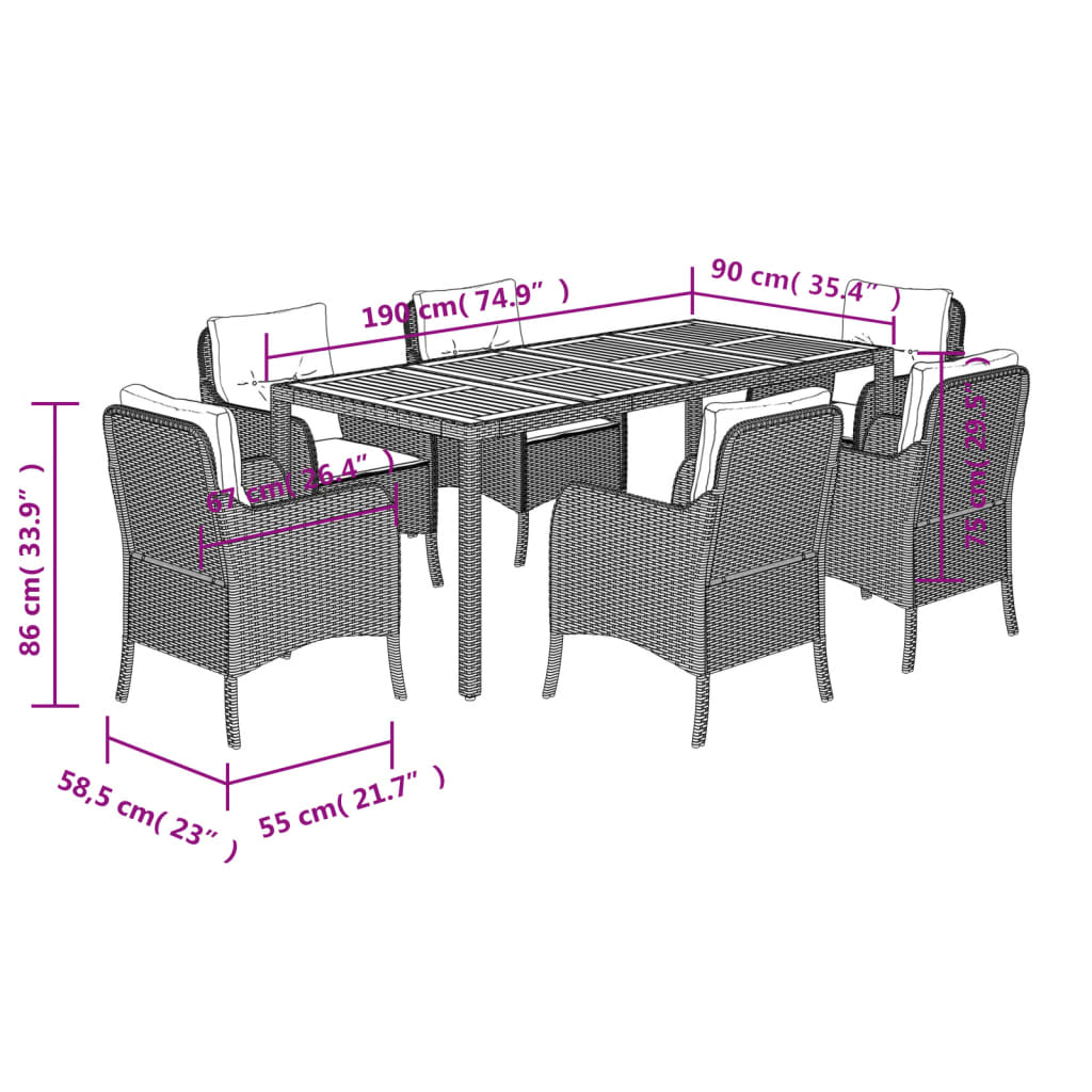 Set da Pranzo da Giardino 7 pz Nero con Cuscini in Polyrattan | homemem39