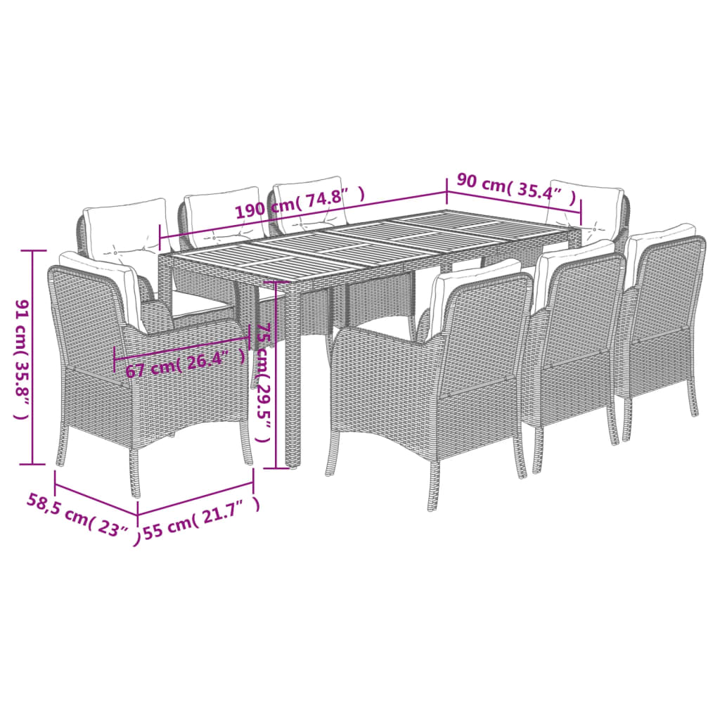 Set da Pranzo da Giardino 9 pz con Cuscini Nero in Polyrattan | homemem39