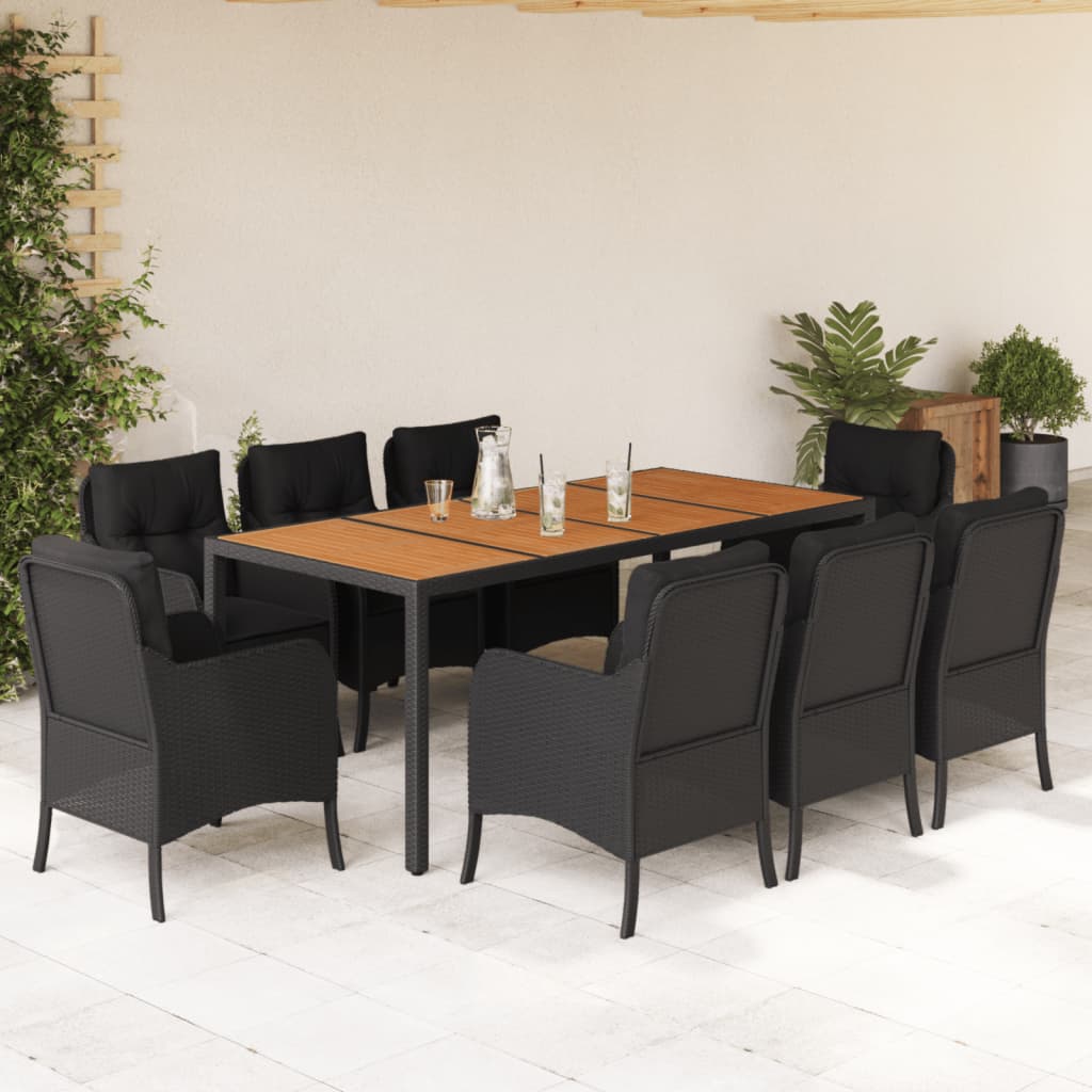 Set da Pranzo da Giardino 9 pz con Cuscini Nero in Polyrattan | homemem39