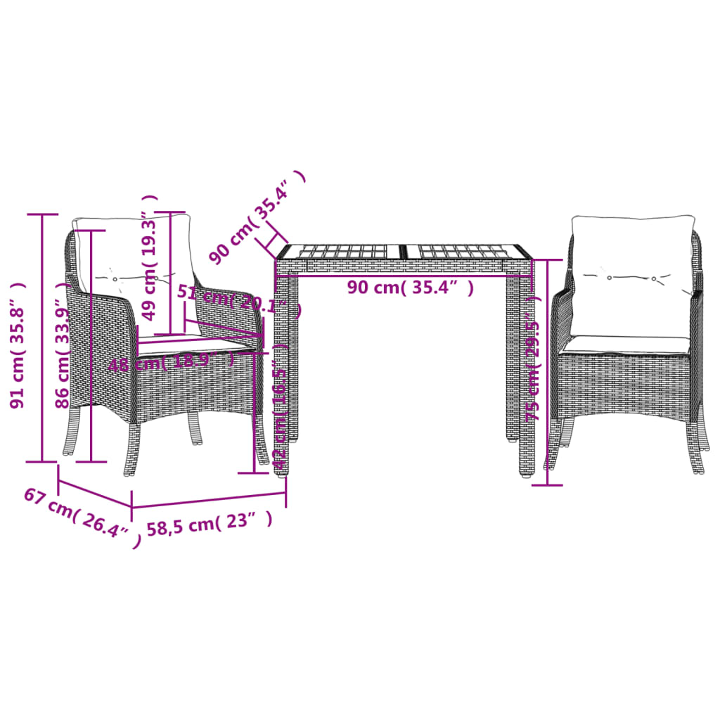 Set da Pranzo da Giardino 3 pz con Cuscini in Polyrattan Grigio | homemem39