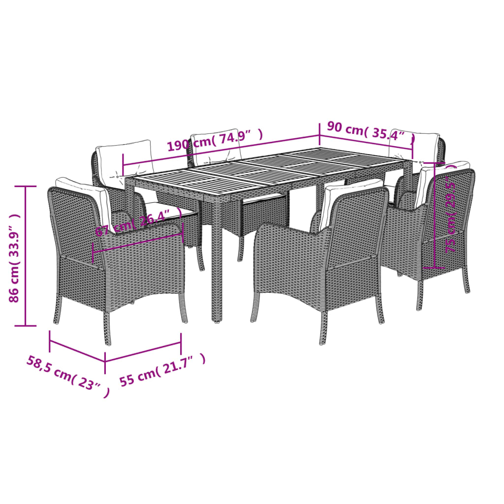 Set da Pranzo da Giardino 7 pz con Cuscini in Polyrattan Grigio | homemem39