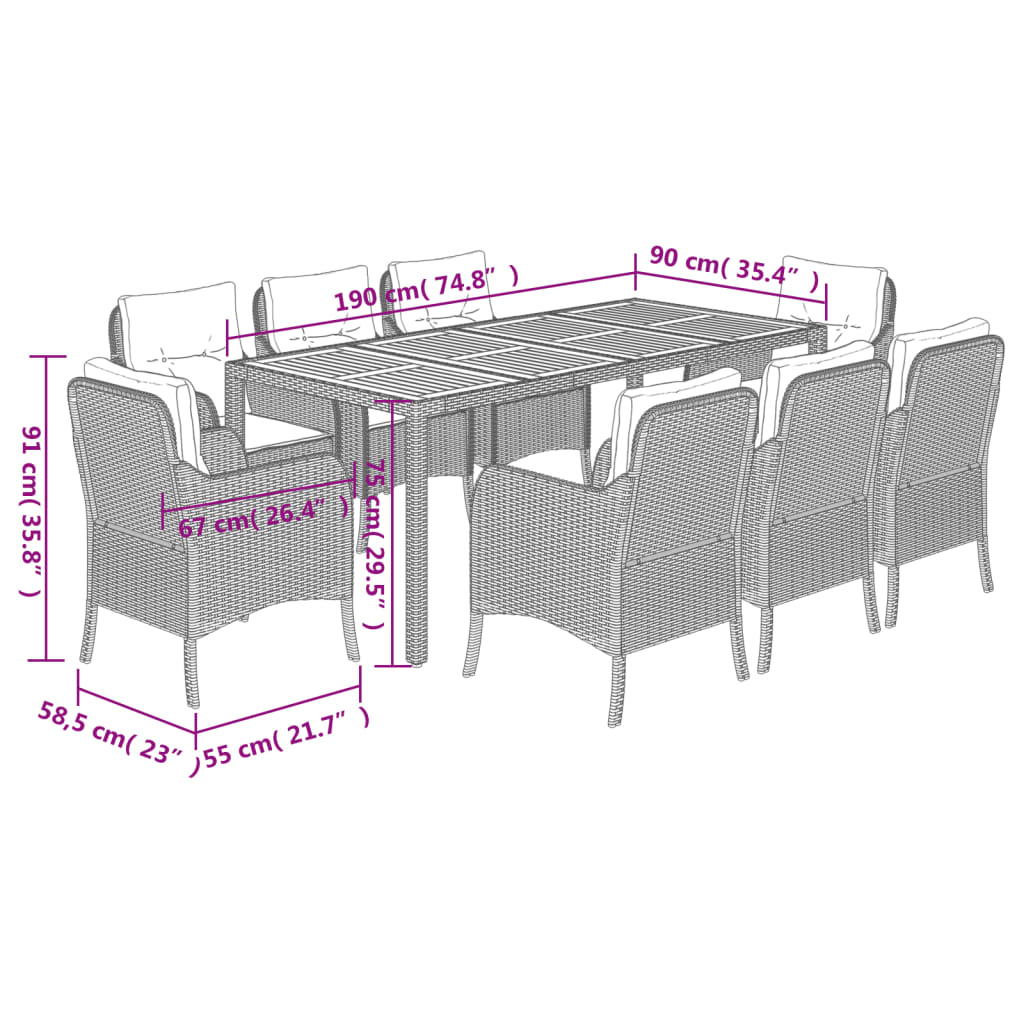 Set da Pranzo da Giardino 9 pz con Cuscini in Polyrattan Grigio | homemem39