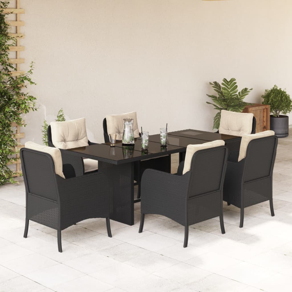 Set da Pranzo da Giardino 7 pz Nero con Cuscini in Polyrattan | homemem39