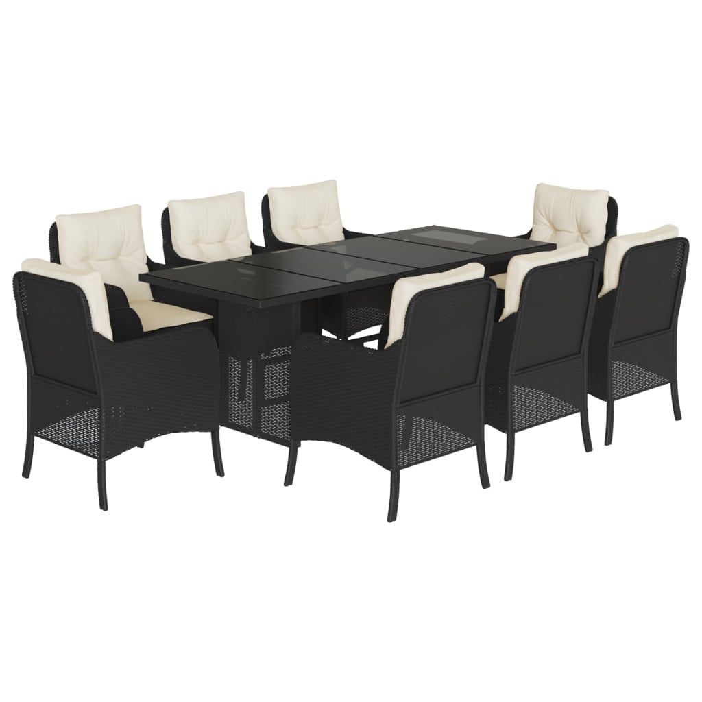 Set da Pranzo da Giardino 9 pz con Cuscini Nero in Polyrattan | homemem39