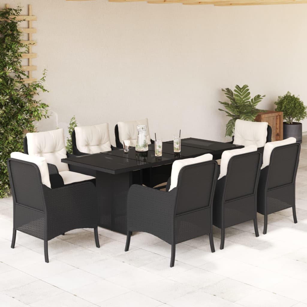 Set da Pranzo da Giardino 9 pz con Cuscini Nero in Polyrattan | homemem39