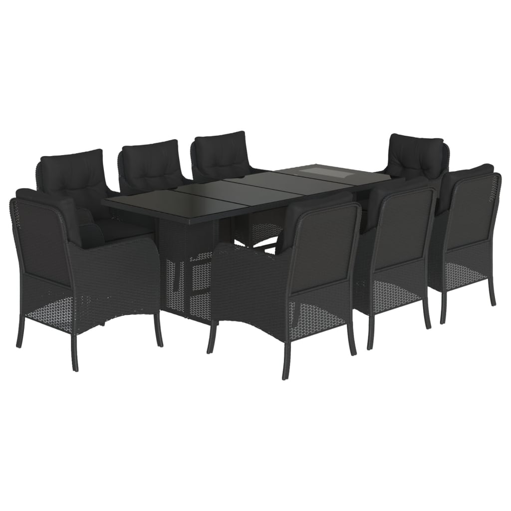 Set da Pranzo da Giardino 9 pz con Cuscini Nero in Polyrattan | homemem39