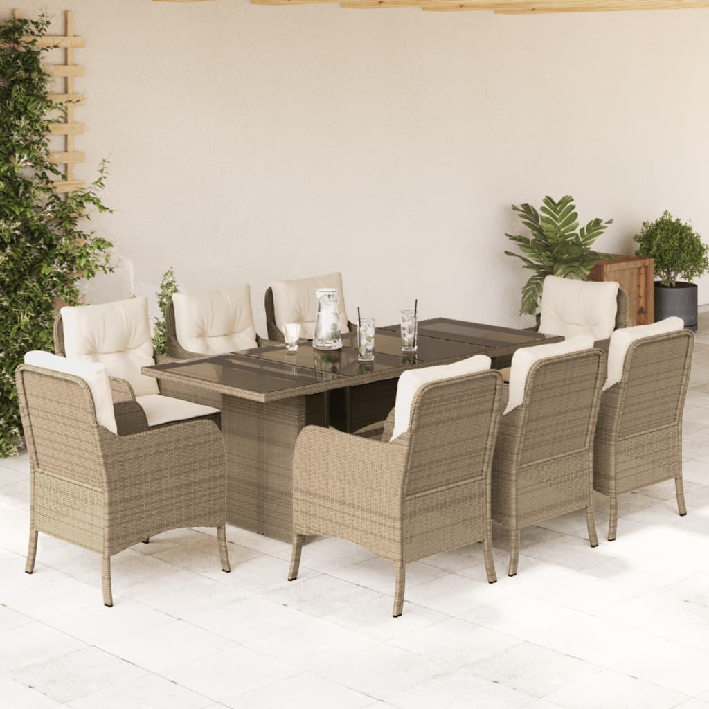 Set da Pranzo da Giardino 9 pz con Cuscini Beige in Polyrattan | homemem39