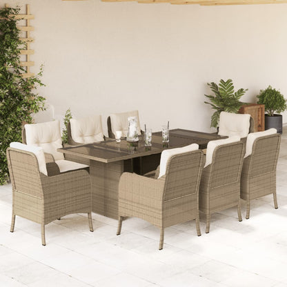 Set da Pranzo da Giardino 9 pz con Cuscini Beige in Polyrattan | homemem39