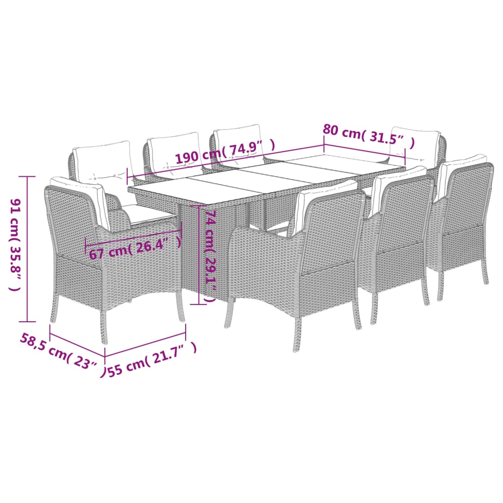 Set da Pranzo da Giardino 9 pz con Cuscini Beige in Polyrattan | homemem39