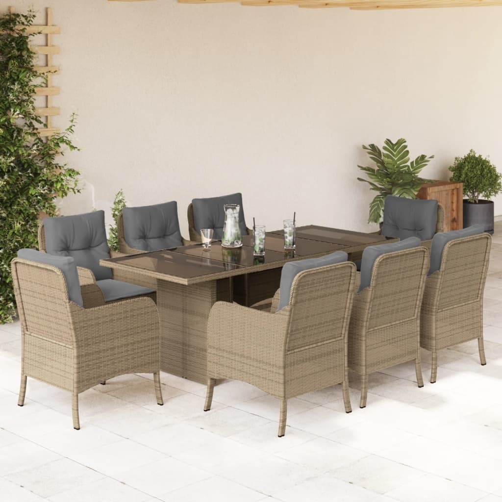 Set da Pranzo da Giardino 9 pz con Cuscini Beige in Polyrattan | homemem39