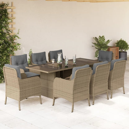 Set da Pranzo da Giardino 9 pz con Cuscini Beige in Polyrattan | homemem39