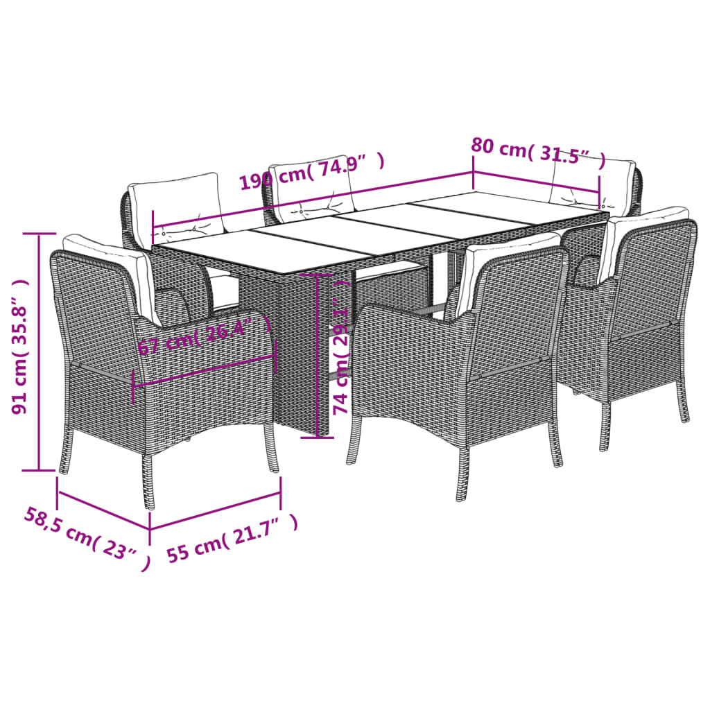 Set da Pranzo da Giardino 7 pz Cuscini Polyrattan Grigio Chiaro | homemem39