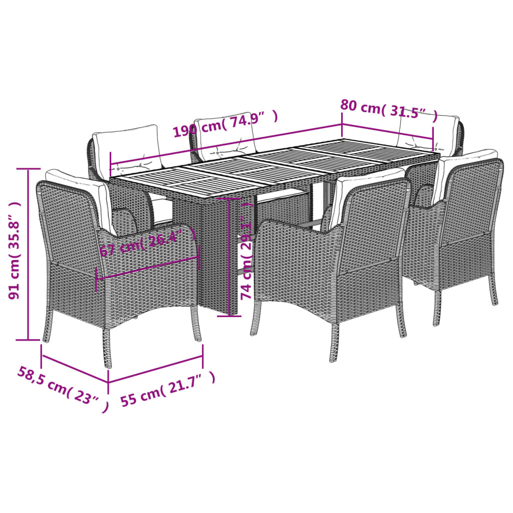 Set da Pranzo da Giardino 7 pz Nero con Cuscini in Polyrattan | homemem39