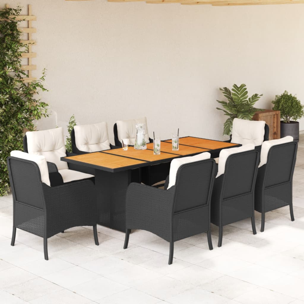 Set da Pranzo da Giardino 9 pz con Cuscini Nero in Polyrattan | homemem39
