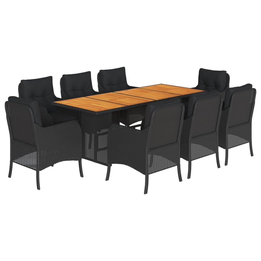 Set da Pranzo da Giardino 9 pz con Cuscini Nero in Polyrattan | homemem39