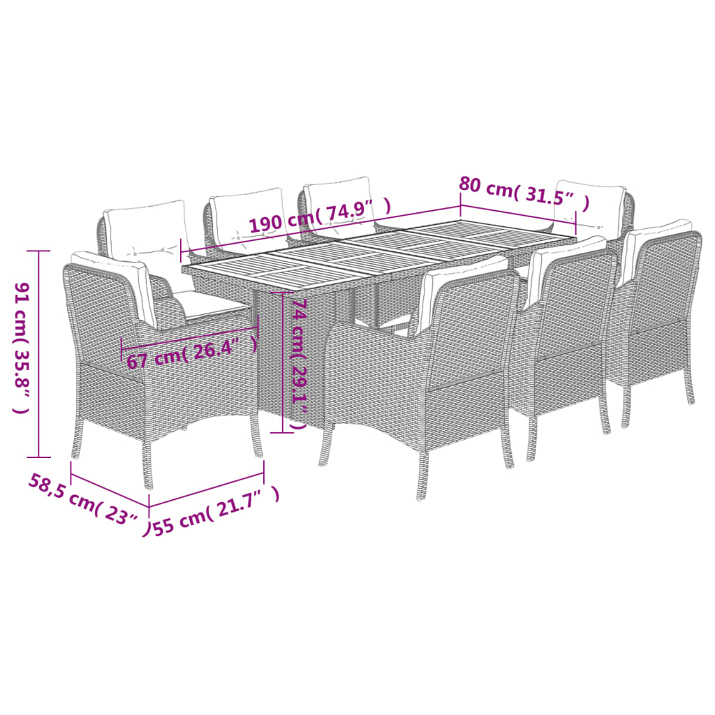 Set da Pranzo da Giardino 9 pz con Cuscini Nero in Polyrattan | homemem39