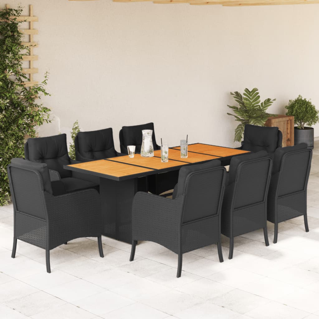 Set da Pranzo da Giardino 9 pz con Cuscini Nero in Polyrattan | homemem39
