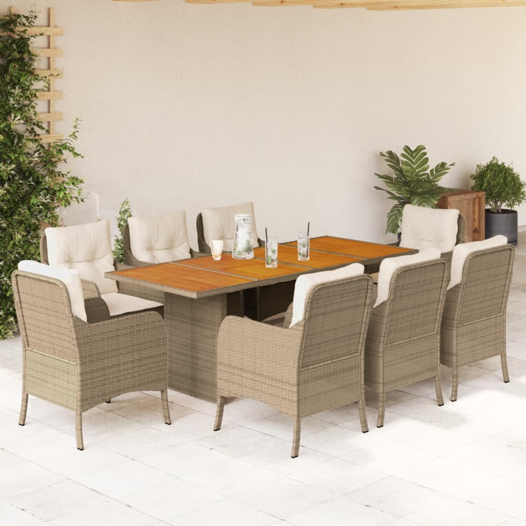 Set da Pranzo da Giardino 9 pz con Cuscini Beige in Polyrattan | homemem39