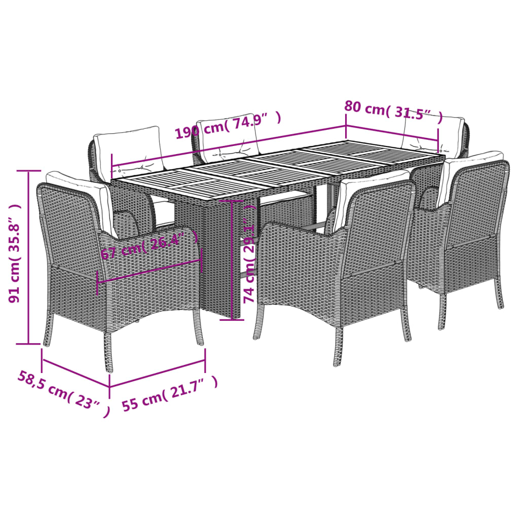 Set da Pranzo da Giardino 7 pz con Cuscini Beige in Polyrattan | homemem39