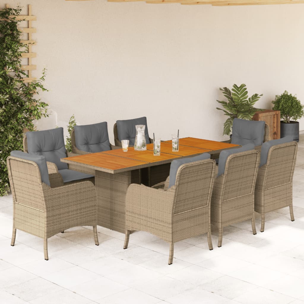 Set da Pranzo da Giardino 9 pz con Cuscini Beige in Polyrattan | homemem39