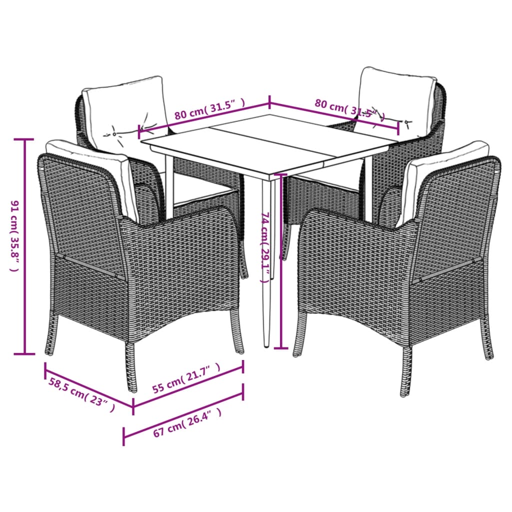 Set da Pranzo da Giardino 5 pz Nero con Cuscini in Polyrattan - homemem39