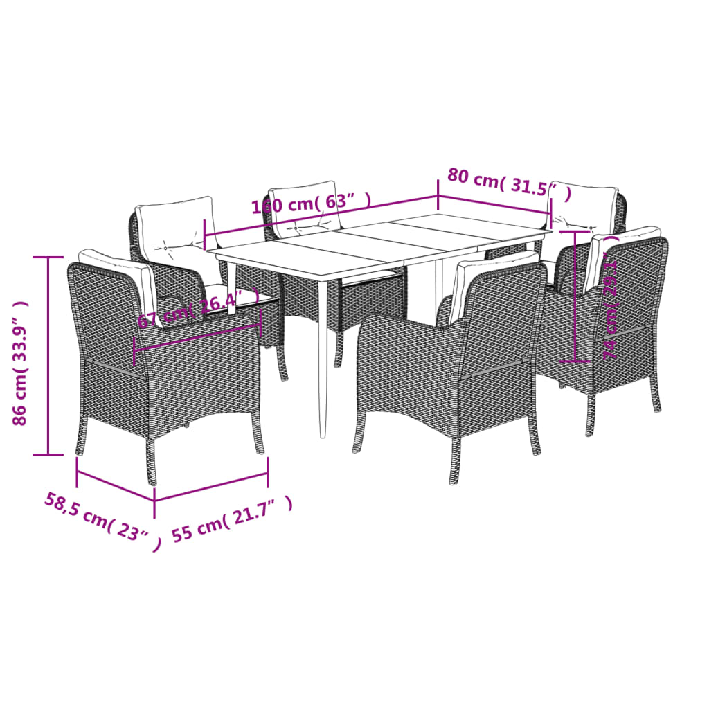 Set da Pranzo da Giardino 7 pz Nero con Cuscini in Polyrattan - homemem39