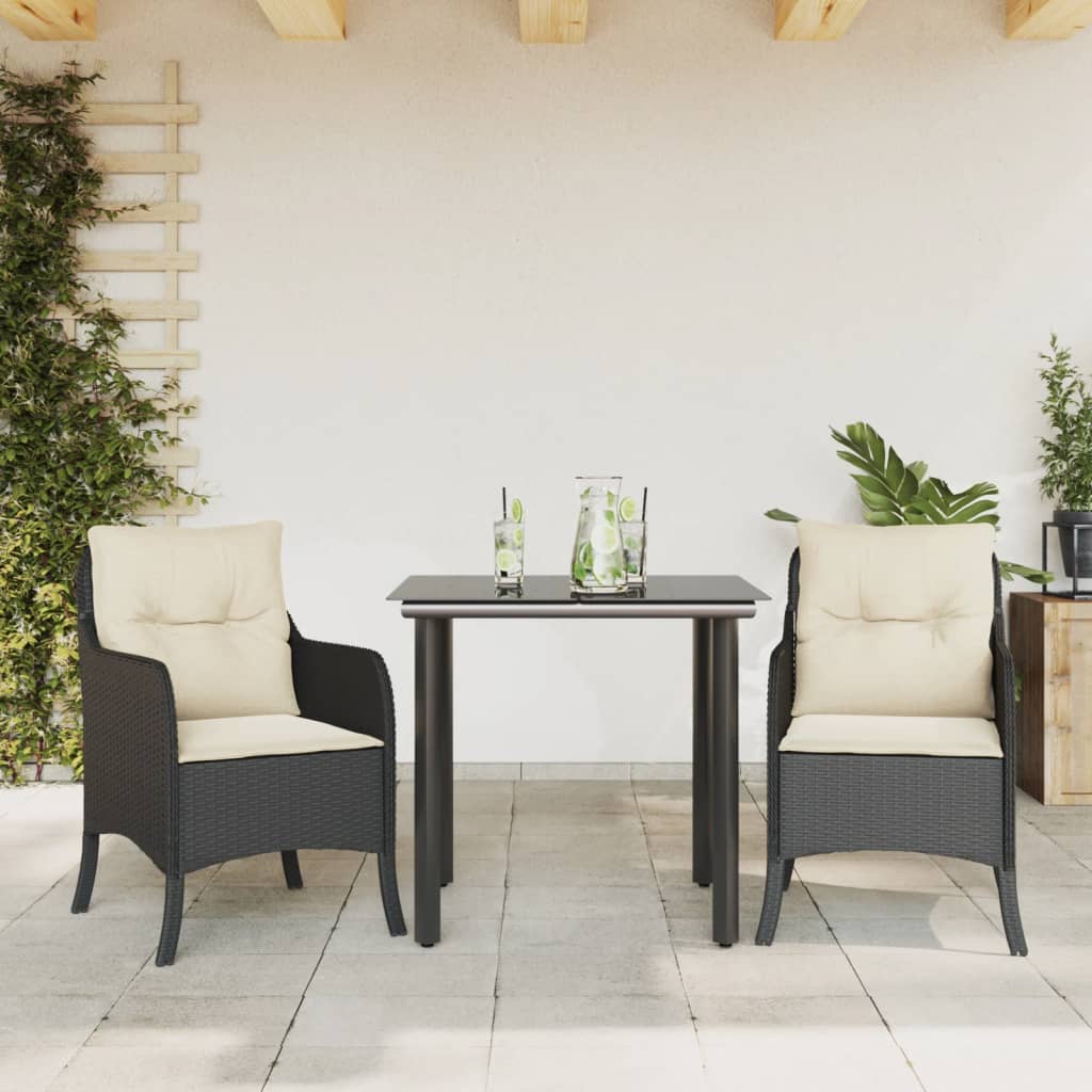 Set da Pranzo da Giardino 3 pz con Cuscini Nero in Polyrattan | homemem39