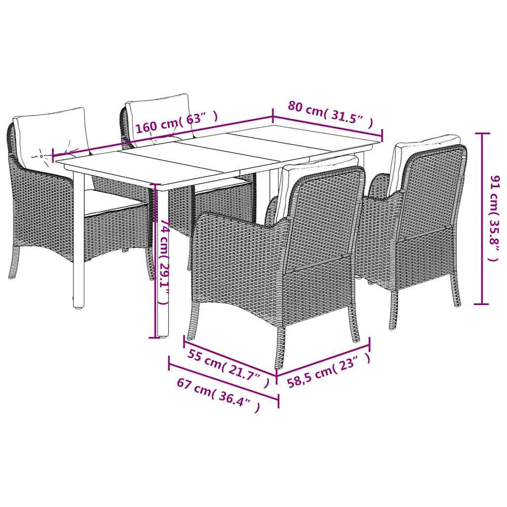 Set da Pranzo da Giardino 5 pz Nero con Cuscini in Polyrattan | homemem39