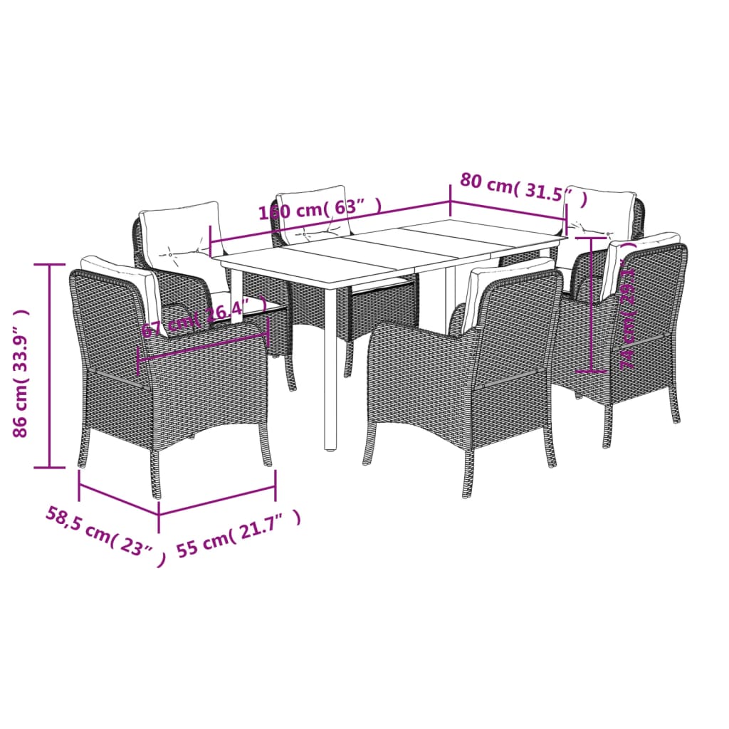 Set da Pranzo da Giardino 7 pz Nero con Cuscini in Polyrattan | homemem39