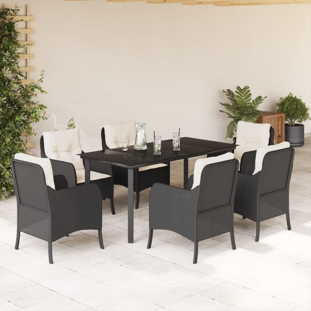 Set da Pranzo da Giardino 7 pz Nero con Cuscini in Polyrattan - homemem39