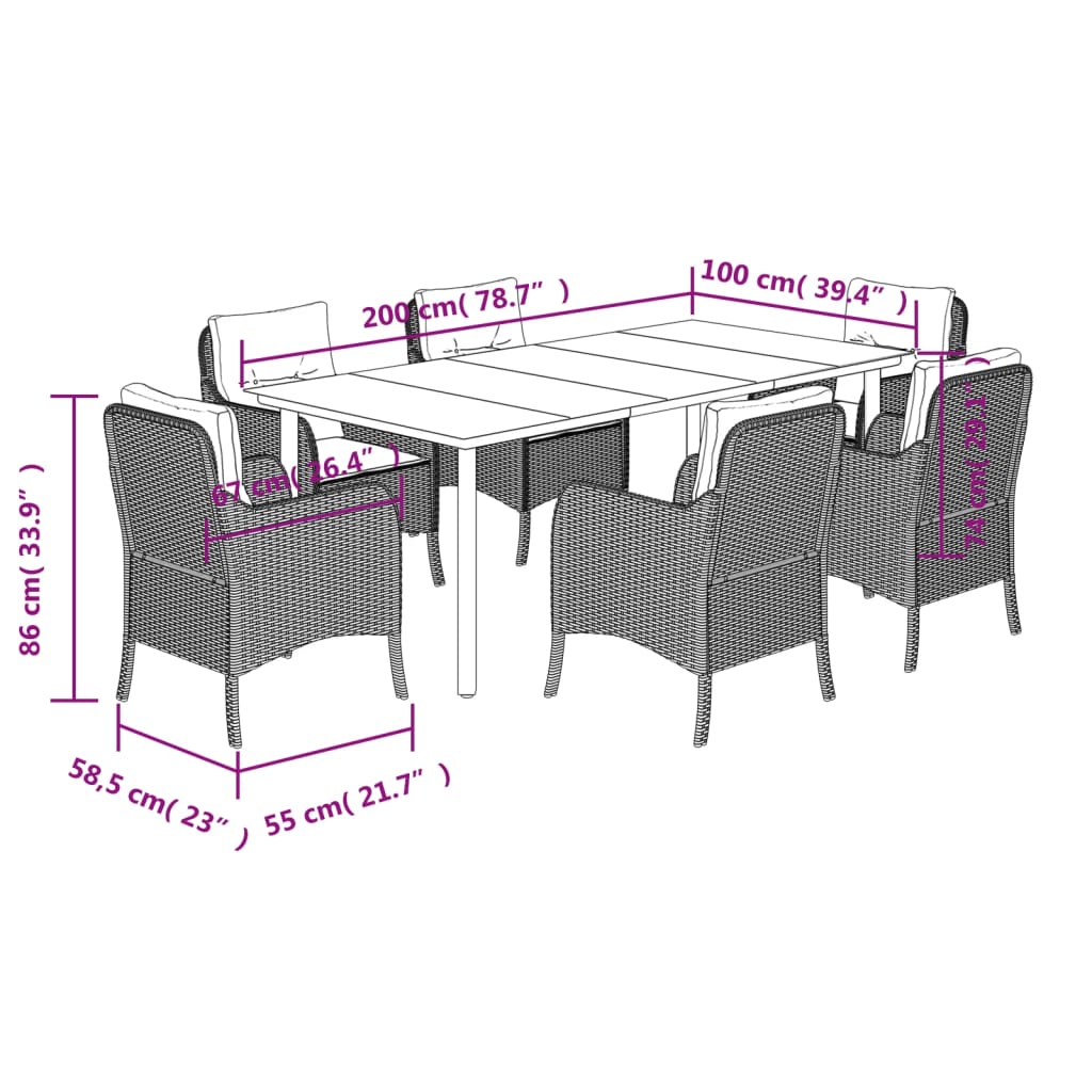 Set da Pranzo da Giardino 7 pz Nero con Cuscini in Polyrattan | homemem39