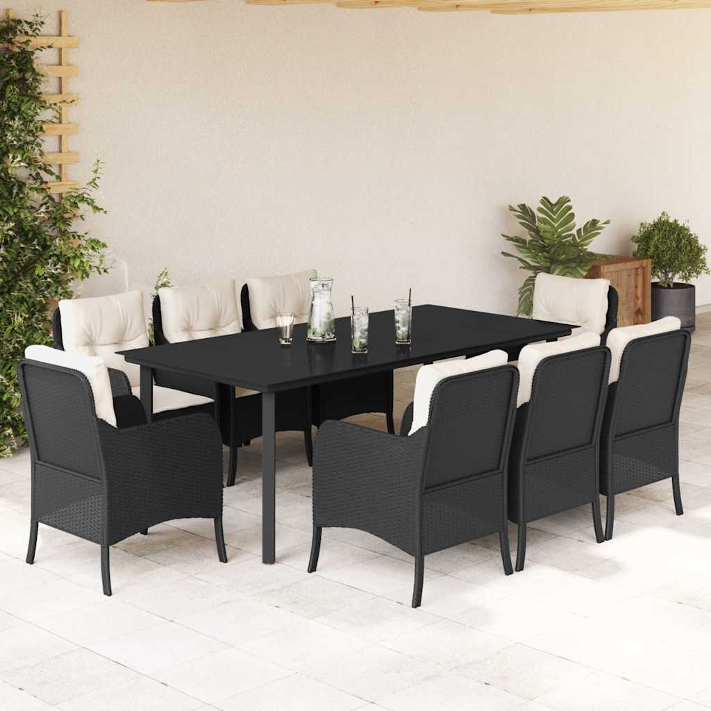 Set da Pranzo da Giardino 9 pz con Cuscini Nero in Polyrattan | homemem39