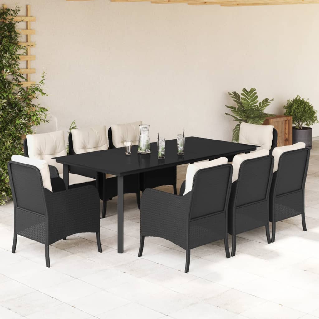 Set da Pranzo da Giardino 9 pz con Cuscini Nero in Polyrattan - homemem39