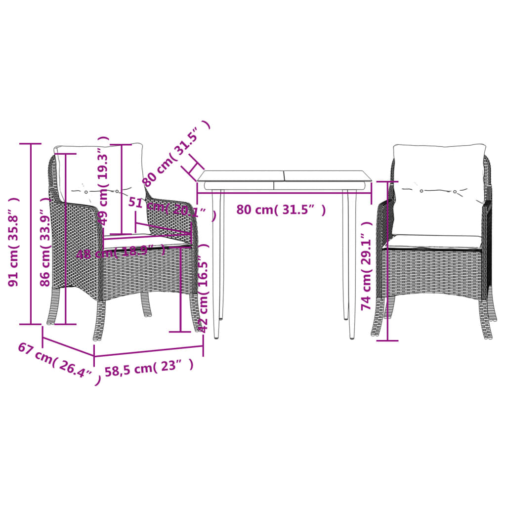 Set da Pranzo da Giardino 3 pz con Cuscini Nero in Polyrattan - homemem39