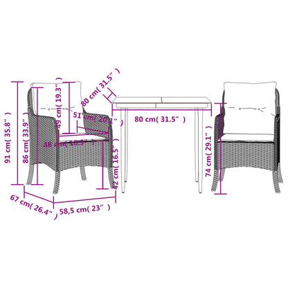Set da Pranzo da Giardino 3 pz con Cuscini Nero in Polyrattan - homemem39