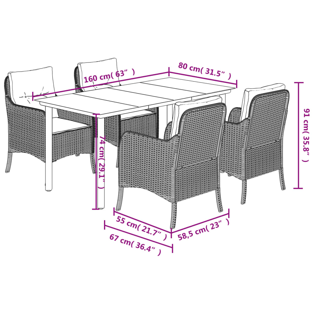 Set da Pranzo da Giardino 5 pz Nero con Cuscini in Polyrattan | homemem39
