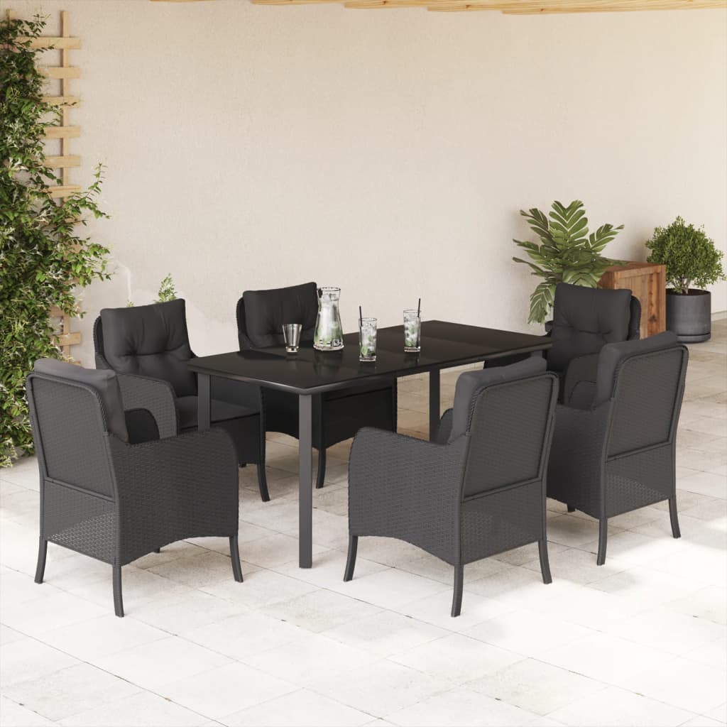 Set da Pranzo da Giardino 7 pz Nero con Cuscini in Polyrattan | homemem39