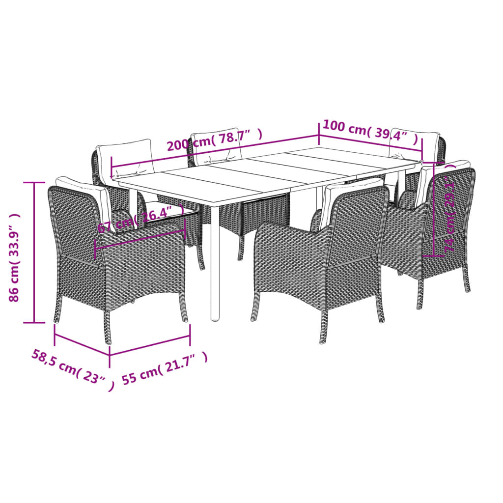 Set da Pranzo da Giardino 7 pz Nero con Cuscini in Polyrattan - homemem39