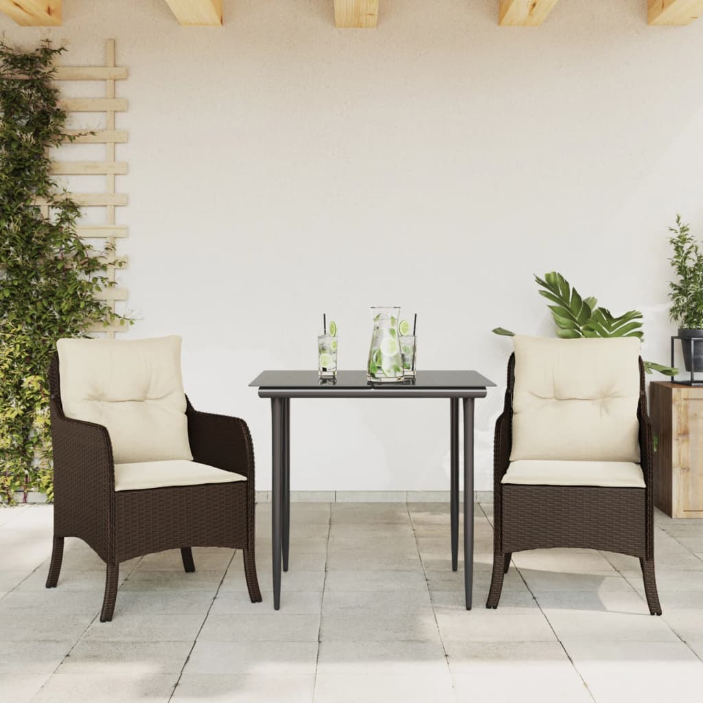 Set da Pranzo da Giardino 3pz con Cuscini in Polyrattan Marrone - homemem39