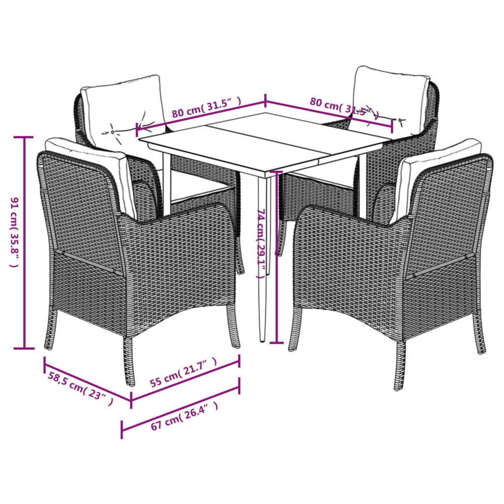 Set da Pranzo da Giardino 5pz con Cuscini in Polyrattan Marrone - homemem39
