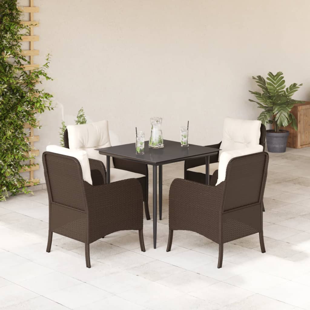 Set da Pranzo da Giardino 5pz con Cuscini in Polyrattan Marrone | homemem39