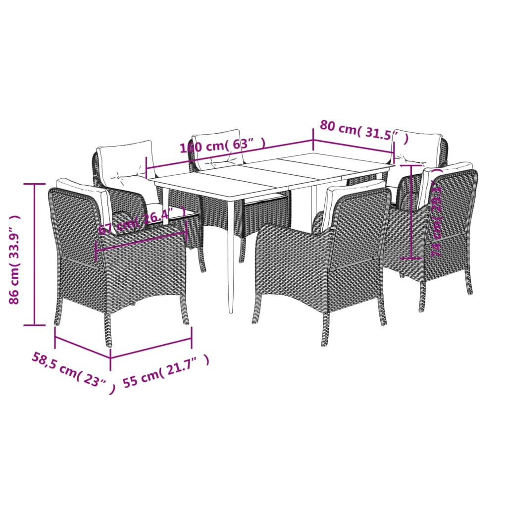 Set da Pranzo da Giardino 7 pz con Cuscini in Polyrattan Grigio | homemem39