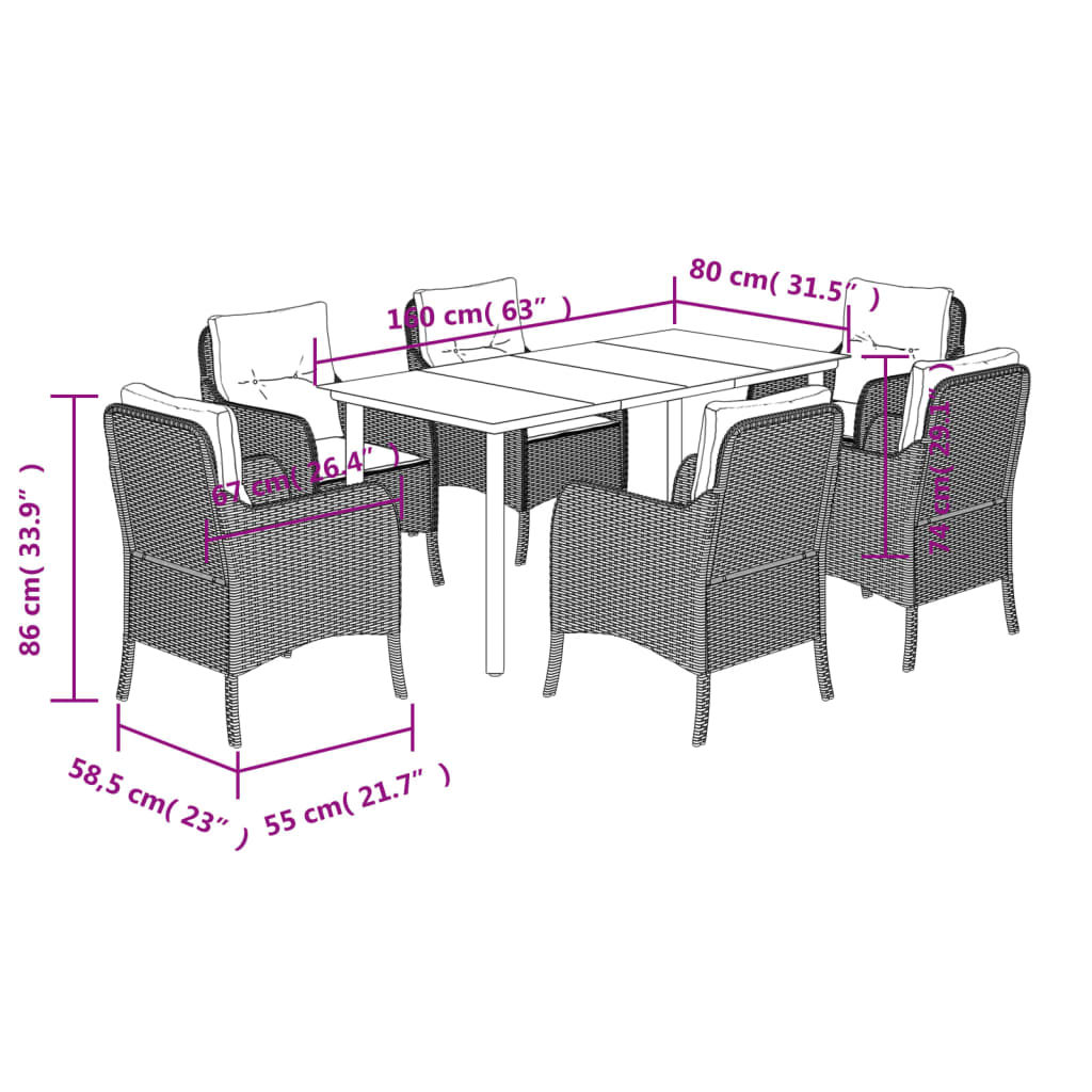 Set da Pranzo da Giardino 7 pz con Cuscini in Polyrattan Grigio | homemem39