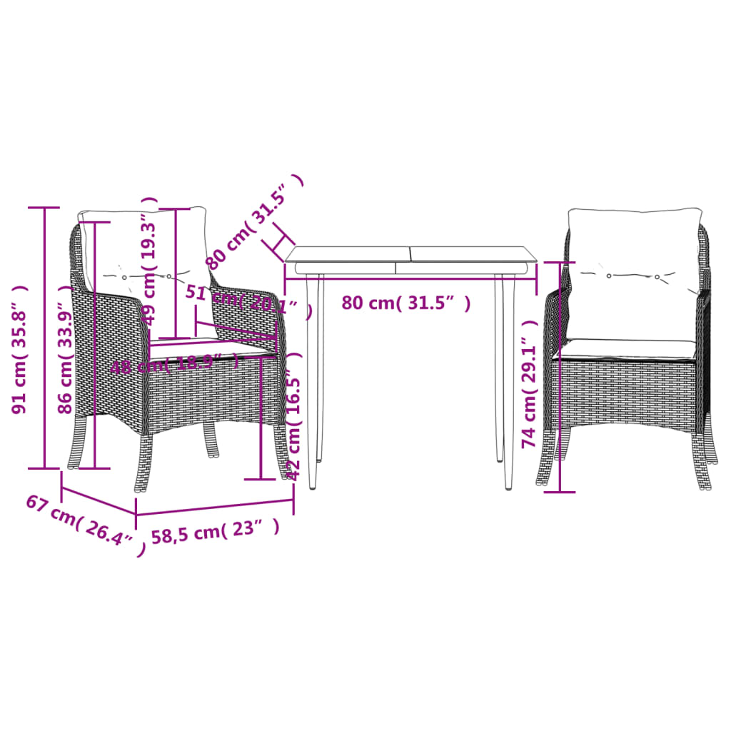 Set da Pranzo da Giardino 3 pz con Cuscini Beige in Polyrattan | homemem39