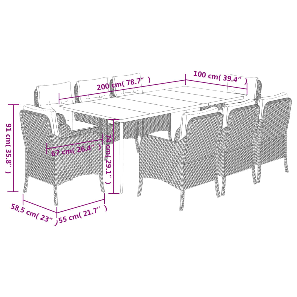 Set da Pranzo da Giardino 9 pz con Cuscini Beige in Polyrattan - homemem39